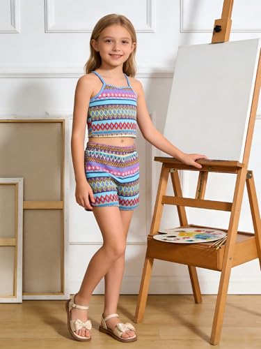 Image of Kids Toddler Girls Summer Clothes Button Design Striped Tank Top + Floral-Print Elastic Shorts 2 Piece Outfits