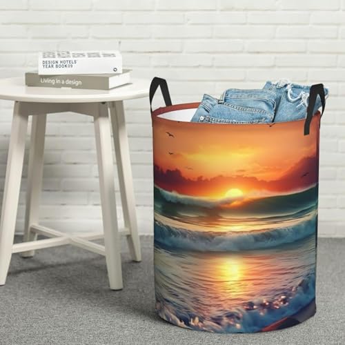 Sunset Seaside ランドリーバスケット 自立式ランドリーバスケット ハンドル付き 折りたたみ式 汚れた衣類バスケット 背の高い洗濯箱 防水寝室用収納バッグ 毛布、おもちゃ、Mサイズ