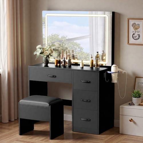 YITAHOME Makeup Vanity Desk with LED Lights: 35" Large Mirror with Power Outlets, 4 Drawers & Stool, Adjustable Lighting Dressing Table for Women Black Dark Black LED Strip
