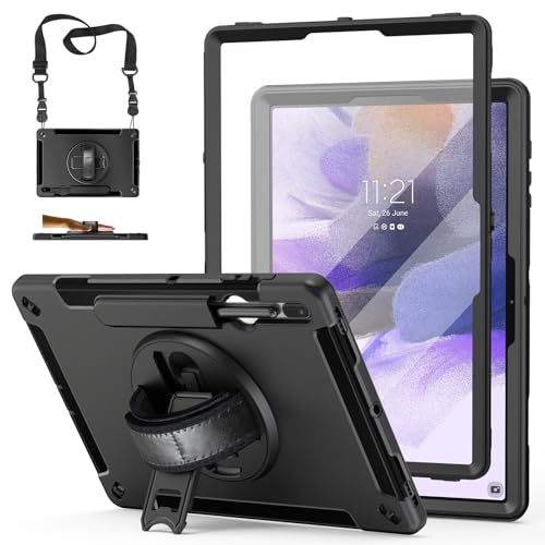 Image of Case for Galaxy Tab S7 FE /S7 Plus /S8 Plus 12.4 INCH: TPU Protective Cover for Samsung Tablet S7 FE /S7 Plus /S8 Plus 12.4 with Screen Protector-Stand- Handle + Shoulder Strap-S-Pen Holder- Black