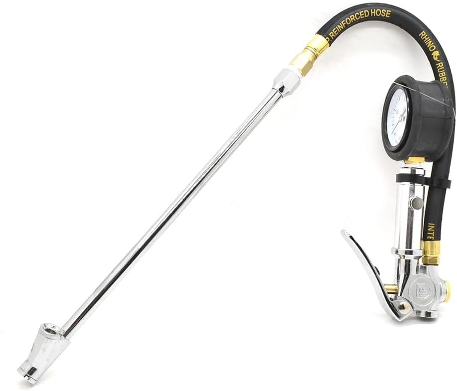 Interstate Pneumatics TF7108LW Heavy Duty Dial Inflator 5-160 PSI with 12 Inch Black Steel Braided Hose Whipend and 11 Inch Straight-in Dual Foot Tilt-Lock Truck Chuck