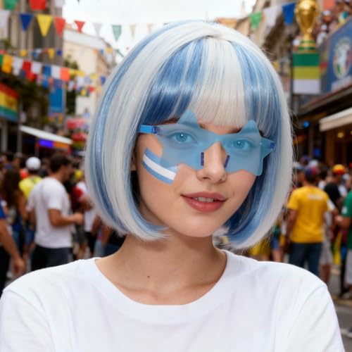 Image of ANOGOL Hair Cap + (Sunglasses) Blue White Bob Wig with Bangs Womens Blue White Party Wigs with Sunglasses Short Neon Wig Fun Wigs Halloween Costume Bachelorette Hair Sports Event St Patrick Day
