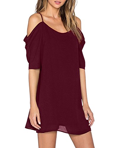 ZANZEA Womens Cold Shoulder Dress Sexy Summer Casual Chiffon Spaghetti Strap Short Beach Sundress Wine Red XL