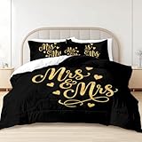 Sleepwish His and Hers Comforter Set Queen Size Mr Mrs Bedding for Couple 4 Piece Bed Set Gold Letter Cute Heart Black (1 Comforter, 2 Pillow Sham, 1 Cushion Cover)