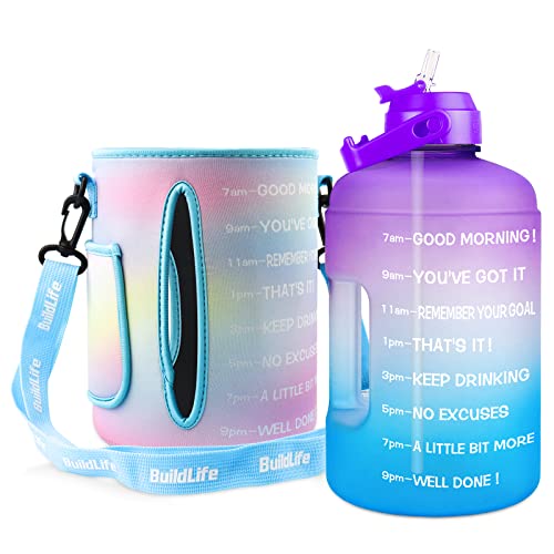 Image of QuiFit 1 Gallon Water Bottle - with Straw & Motivational Time Marker Leak-Proof BPA Free Reusable Gym Sports Outdoor Large(128OZ /73OZ) Capacity Water Jug