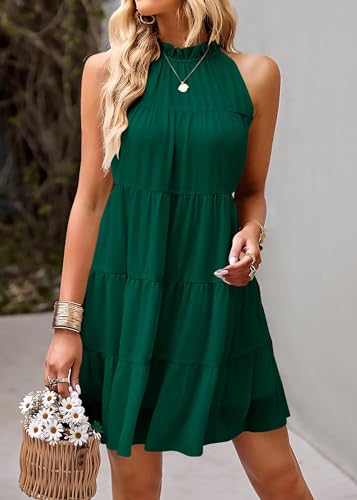 Image of KIRUNDO Summer Sundresses for Women Halter Dress Babydoll | Spring Sleeveless Halter Top, Flowy Tiered Pleated, Western Cute Country Concert, Beach Wedding Guest Vacation Cruise Dress