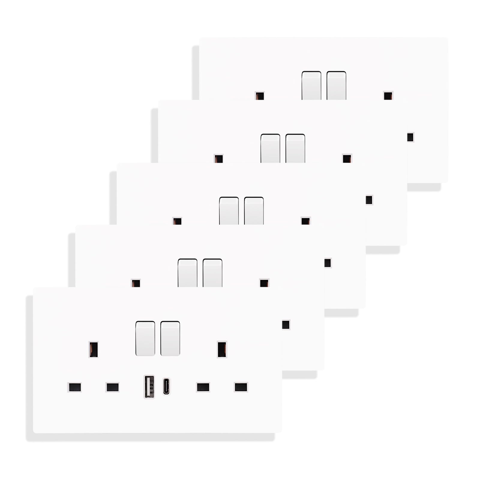 JIMEIDA White Double Switched Power Socket 5 Pack 13 Amp with USB-A and Type-C Charging Ports Crystal Wall Outlet Power Socket 146mm*86mm — image 1