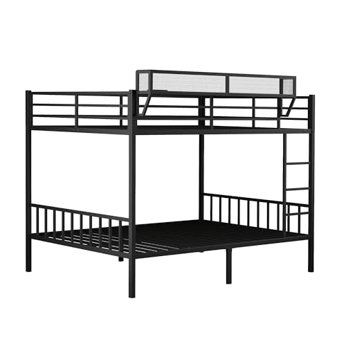 Image of Queen Over Queen Metal Bunk Bed with Storage Shelf & USB Charging | Open Storage Shelf,2 AC Outlets,2 USB Ports,Full-Length Guardrail for Boys&Girls,Noise-Free & Stable,No Box Spring Needed