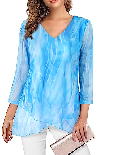 Sese Code 3/4 Sleeve Tunic Tops For Women, Casual Blouses Dressy Top For Evening Party Sheer Flowy Formal Chiffon Shirt V Neck Ruffle Tunics Light Blue Large #TOP26