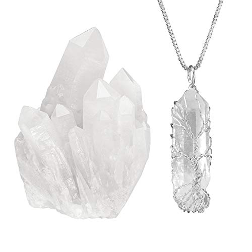 Top Plaza Bundle - 2 Items: Healing Rock Crystal Clear Quartz Cluster Mineral Geode Druzy Specimen & Tree of Life Wire Wrapped Clear Quartz Point Pendant