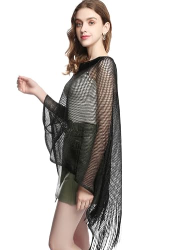 Womens Metallic Mesh Poncho Shawl Fringe Wrap Lightweight Cover Up for Evening Party Wedding Events3