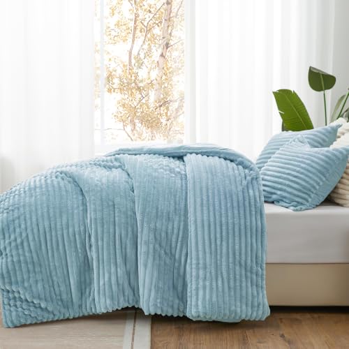 Image of BEDELITE Fleece Oversized Queen Comforter Set, Fluffy Bed Set, Grey Blue | Super Soft & Warm Bedding, Luxury Fuzzy Faux Fur Comforter for Winter, Heavy Plush Bedding, with 2 Pillowcases