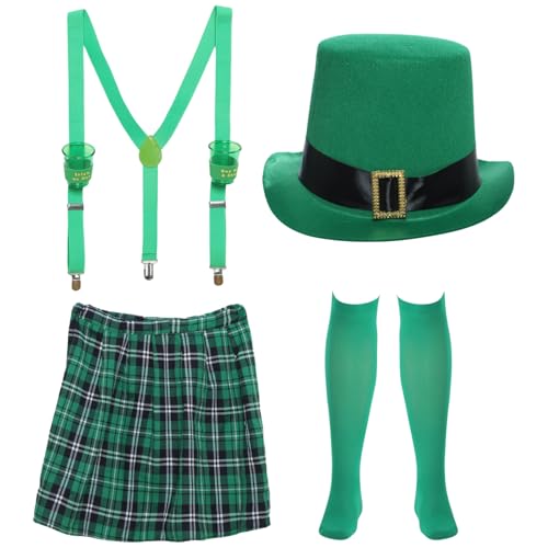 Kaerm St. Patrick Day Costume Set Top Hat Leprechaun Beard Bowtie Irish Plaid Skirt Glasses for Festival Party Type C One Size