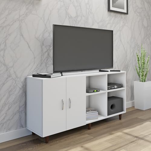 Image of VIKI Modern TV Unit for Living Room | Engineered Wood TV Cabinet with 2 Door Storage & 2 Open Shelves, Set Top Box Stand, Entertainment Unit, 140W x 74H x 40D cm | DIY | 1 Year Warranty (White)