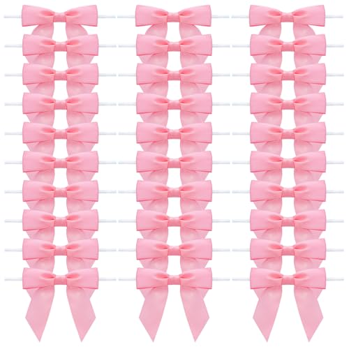 30Pcs Satin Ribbon Twist Tie Bows for Treat Bags, 3.5'' Mini Gift Bows for Presents Crafting Christmas Tree Bows, Bag of Pre Tied Bows Premade Bows for Crafts Gift Wrapping Party Favors (Pink)