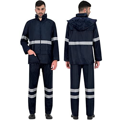 BWOLF HIMALAYA Herren Regenanzug Langarm wasserdicht mit Elastischer Taille Kapuzenjacke Anzug Regenbekleidung Regenjacke + Regenhose 2 Taschen (reflektierendes Blau, XL)