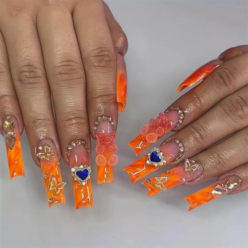 Press on Nails Long Square Fake Nails French Tip Orange Ombre Nails with Charms Designs Glitter Acrylic Nails for Women 24Pcs