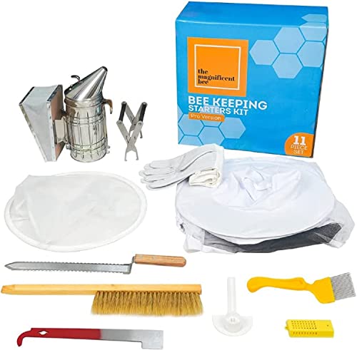 The Magnificent Bee Beekeeping Supplies Starter Kit, 11 Piece Set, All-in-One Beginner Tools and Pro Equipment with Large Beehive Smoker, Beekeeper Suit and Gloves, Extraction Scraper, and Feeder