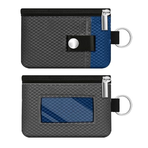 Image of Minimalist RFID Blocking Small Wallet with ID Window,WaterResistant Zip Id Case Wallet with Lanyard Keychain for Cards,Cash,Travel,Women,Men (DarkGrey /Electric Blue)