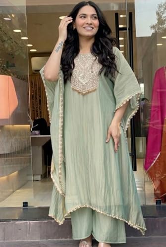 Image of GoSriKi Fendy Glass Embroidered A-Line Kurta with Palazzo for Women | Fendy Glass Grey | Kaftan Sleeve | Round Neck | Ethnic Wear Casual Wear