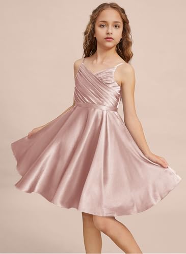 Girls Stretch Satin Formal Dresses V-Neck Knee-Length Flower Girl Bridesmaid Dress Party Wedding3