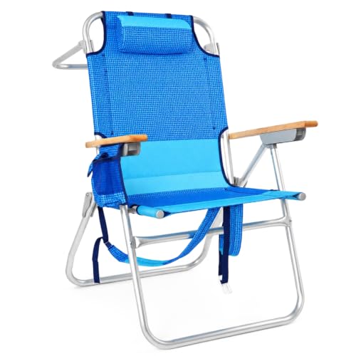 Backpack Beach Chairs for Adults Capacity 300 LBS high 5 Position Beach Chair with Pouch Straps Folding Lightweight Reclining Aluminum Wide Lay Flat Single