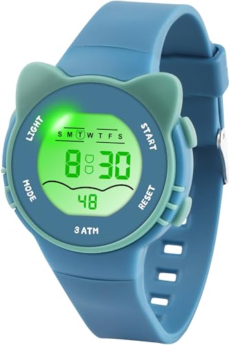 DTKID Relógio criança, 7 cores relógio digital menino menina 3 ATM impermeável desportos ao ar livre relógios infantis com temporizador, alarme, calendário, azul, Moderno