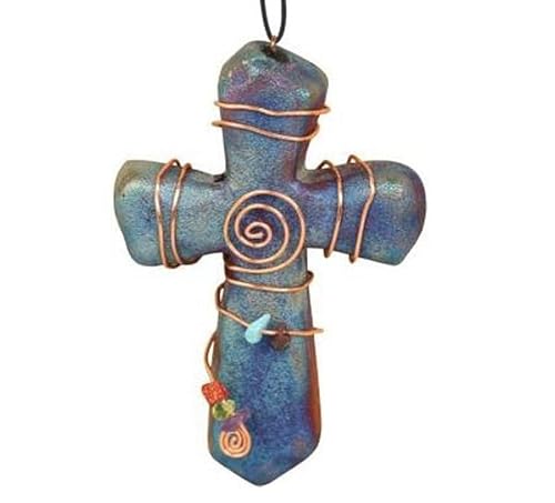 Pottery Cross in Raku - Stone Wrap with Spiral -Hanging Ornament - 2 3/4 inches