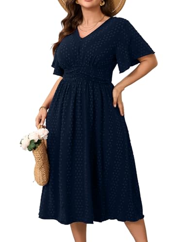 Image of RWJ Women's Plus Size Maxi Dress V Neck Short Sleeve Swiss Dot A Line High Waist Boho Swing Casual Summer Dresses