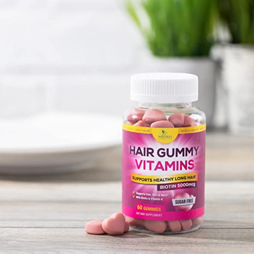 Hair Vitamins Gummy, Sugar Free With Biotin 5000 Mcg, Vitamin A, B12, C, D, E, Folic Acid, Supports Hair Growth, Vegetarian Friendly, Supports Strong Beautiful Hair And Nails, Non-Gmo - 60 Gummies #TOP6