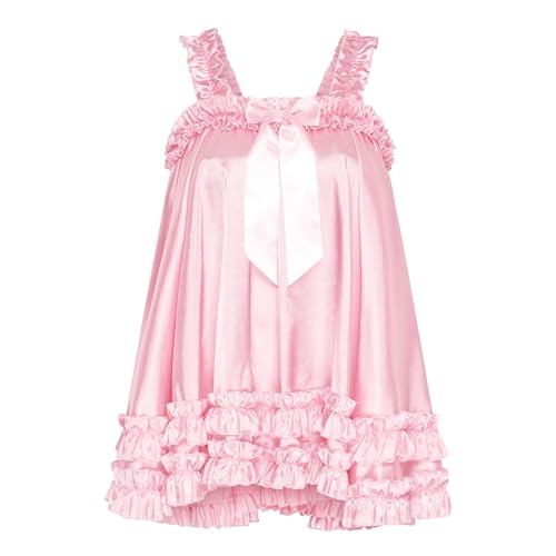 Image of Satini Lingerie Satin Sissy Ruffle Hem Frilly Babydoll Dress Negligee Feminine Cosplay