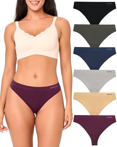 BAMBOO COOL Women's Thongs Seamless Moisture-Wicking Breathable Underwear High Stretchy Mid Waisted Panties Tagless 6 Pack