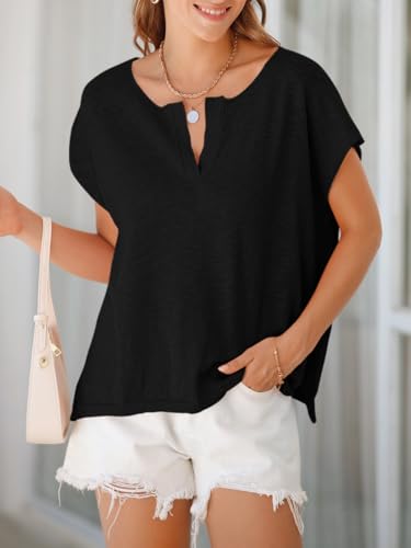 Saodimallsu Womens V Neck Cap Sleeve Sweater Tops Summer Casual Loose Fit Side Split Basic Clothes Shirts3