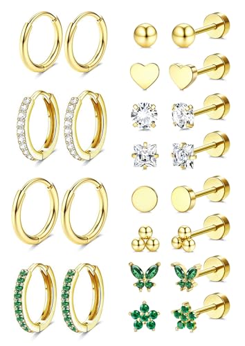 Image of Shining Diva Fashion 12 Pairs Anti Tarnish Earrings Combo Set | 14K Gold Plated | Hypoallergenic Stainless Steel Earring for Sensitive Ears | Flat Back Stud Hoop Cartilage Earring for Multiple Piercing