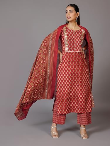 Image of Libas Printed Cotton Straight Kurta With Palazzo and Dupatta