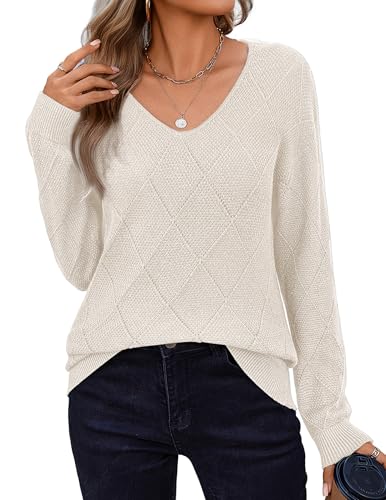 Zeagoo Womens Sweaters Fall 2025 Long Sleeve Knit Pullover V Neck Lightweight Crochet Sweater Tops Dressy Casual