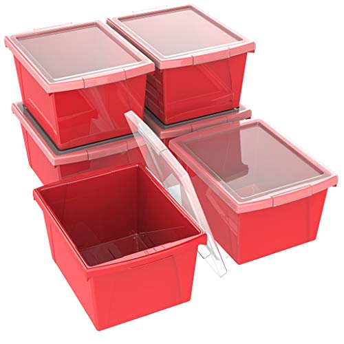 Image of Storex 4 Gallon Storage Bin with Lid - Plastic Classroom Organizer for Books and Supplies, Red, 6-Pack (61411C06C)