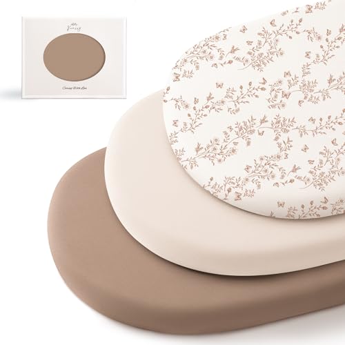 Image of Konssy 3 Pack Stretchy Bassinet Sheets for Baby Girl Boy, Soft Breathable Baby Bassinet Mattress Sheets Fit for Hourglass Oval Cradle, Moses Basket Rectangle Mattress (Flutter Garden)