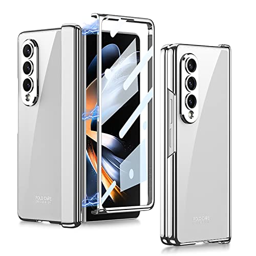 Transparent Plating Case for Samsung Galaxy Z Fold 4 Case with Screen Protector and Magnetic Hinge Protective,Full Protective Shockproof Anti Yellow Crystal Clear Cover for Samsung Z Fold 4 (Silver)