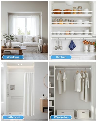Image of Spring Tension Curtain Rod 30 to 64 Inch, Adjustable Curtain Rods No Drilling Spring Loaded Curtain Rods for Windows Doors Kitchen Closet, White