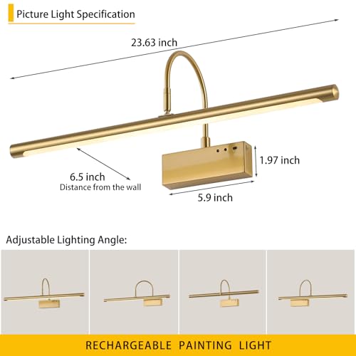 Image of Battery Operated Picture Light with Remote, 24 inch Wireless Rechargeable Art Light with Timer, Dimmable 3CCT Gallery Lighting for Paintings, Portraits, and Canvas (Brass, 23.6inch)