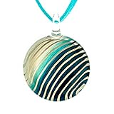 CHUVORA Hand Blown Glass White Blue Striped Round Pendant Women Necklace, 18 inches