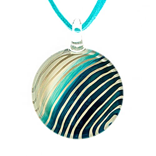 CHUVORA Hand Blown Glass White Blue Striped Round Pendant Women Necklace, 18 inches
