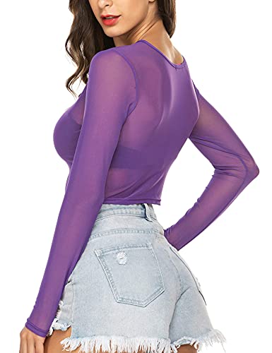 Avidlove Women Mesh Crop Top Long Sleeve See Through Shirt Sheer Blouse S-4Xl (S, Long Sleeve-Purple) #TOP3