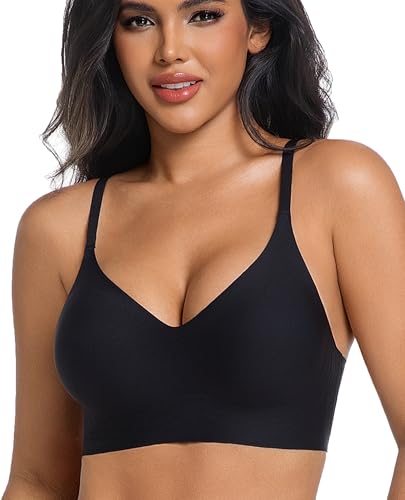 Image of PRETTYWELL Comfortable Bras, Seamless Wire Free Everyday Bras for A to D Cups, V Neck Soft and Light Basic Bras for Women