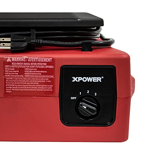 XPOWER PL-700A Low Profile Air Mover, Floor Fan, Carpet Dryer, Blower with Power Outlets for Water Damage Restoration, Commercial Cleaning and Plumbing Use - 1/3 HP, 1050 CFM, 3 Speeds, Red