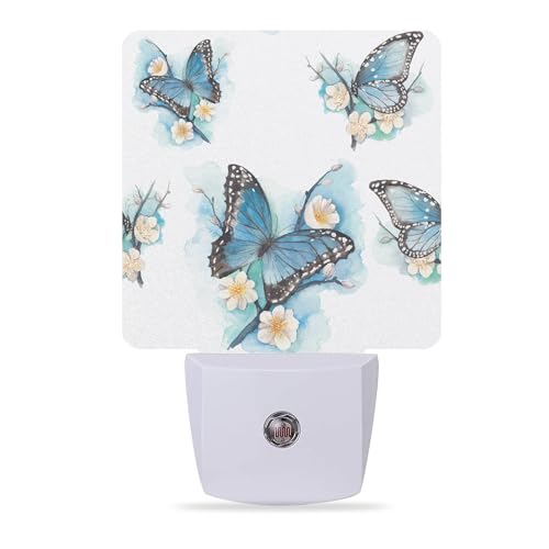 Image of Night Lights Plug into Wall Blue Butterfly on Blossom Night Lights Dusk to Dawn Sensor Led Lamp for Women Men,Led Lights for Stairway /Hallway /Bedroom,0.5W