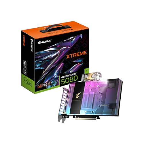 GIGABYTE AORUS GeForce RTX 5080 Xtreme WATERFORCE WB 16G Graphics Card, WATERFORCE Water Block Cooling System, 16GB 256-bit GDDR7, GV-N5080AORUSX WB-16GD Video Card