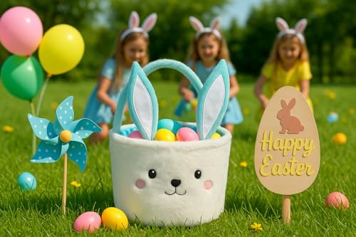 Image of Plush Bunny Basket for Easter Fluffy Easter with with Bunny Ears , Easter Egg Hunts Decorations Candy Gifts Storage (Blue White)