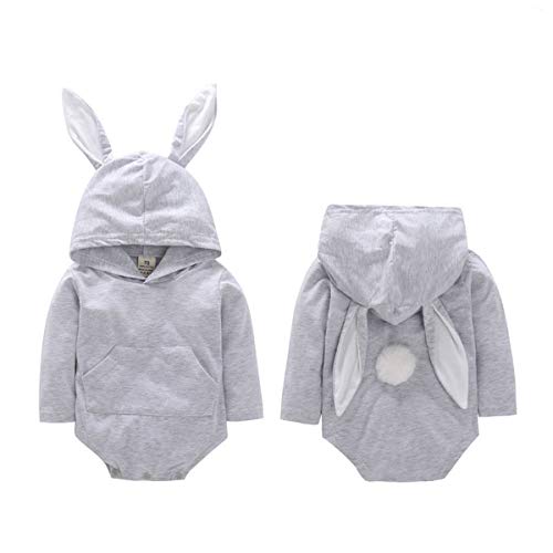 LXXIASHI Newborn Baby Boys Girls Long Sleeves Cartoon Rabbit Ear Hooded Romper Bodysuit Outfits (Kangaroo Pocket - Gray, 0-3 Months)